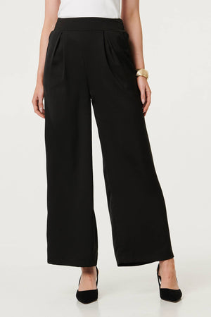 Black | High Waist Wide Leg Pleat Front Trousers
