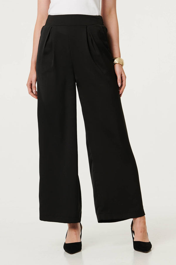 Black | High Waist Wide Leg Pleat Front Trousers
