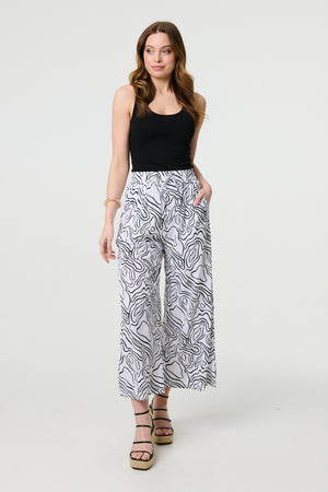 White | Abstract Print High Waist Wide Leg Trousers
