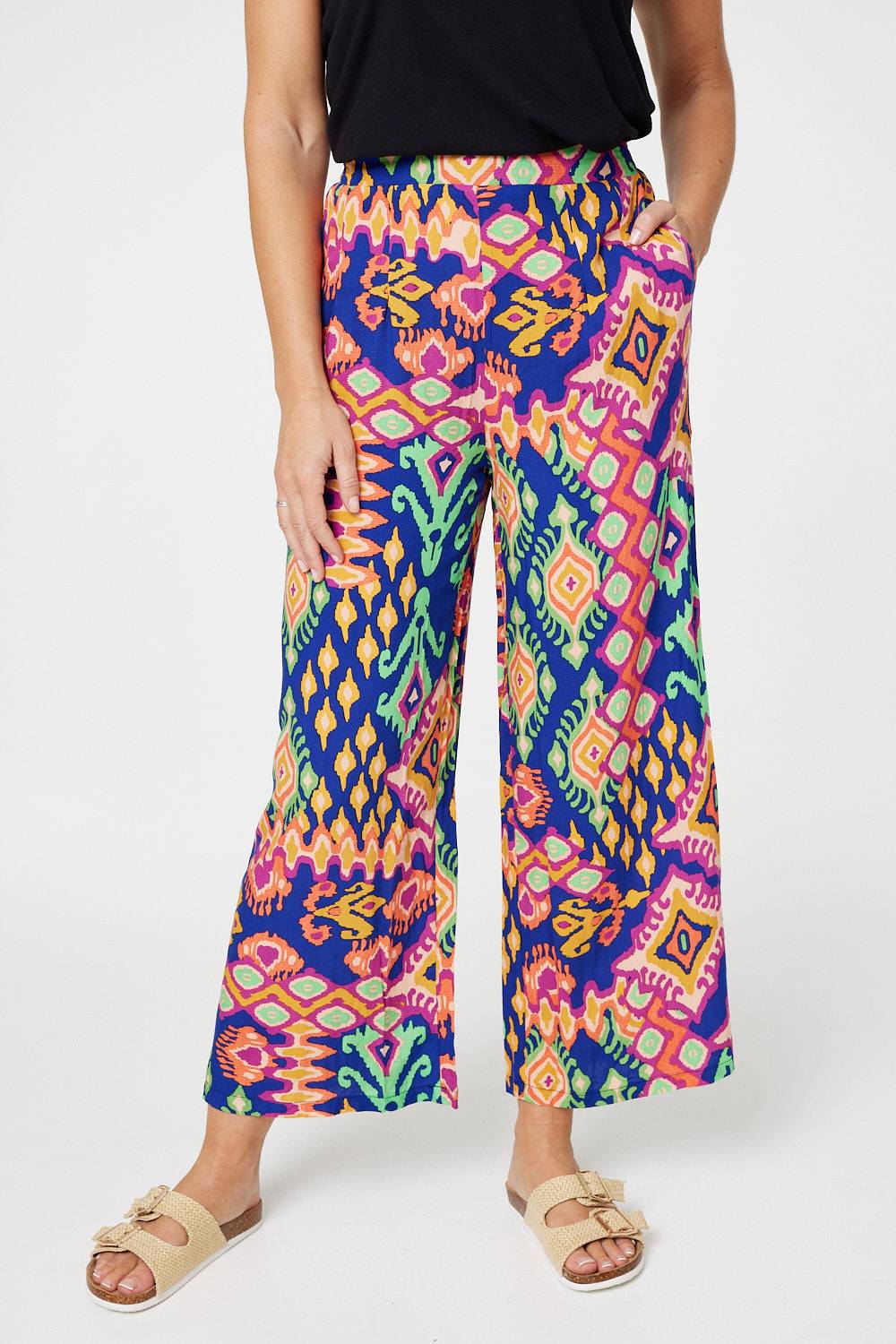 Blue | Ikat Print Wide Cropped Trousers