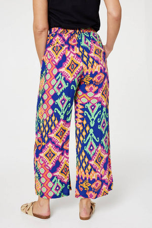 Blue | Ikat Print Wide Cropped Trousers