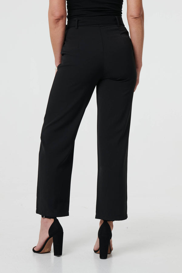 Black | Tie Front High Waist Straight Trousers
