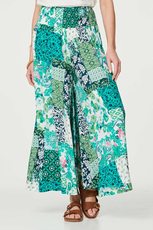 Green | Patchwork Print High Waist Trousers