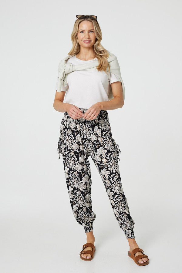 Black | Floral Print Relaxed Harem Pants