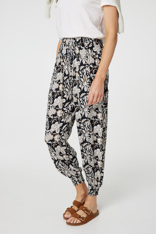Black | Floral Print Relaxed Harem Pants