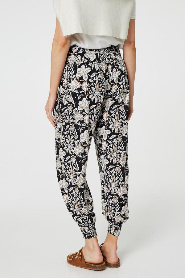 Black | Floral Print Relaxed Harem Pants
