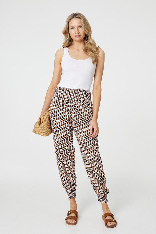 Beige | Geo Print High Waist Tassel Harem Pants