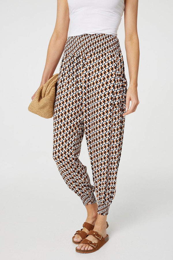 Beige | Geo Print High Waist Tassel Harem Pants
