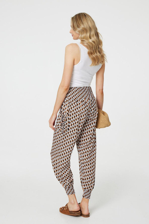Beige | Geo Print High Waist Tassel Harem Pants