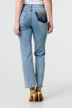Blue | Floral Pocket Patch Straight Fit Jeans

