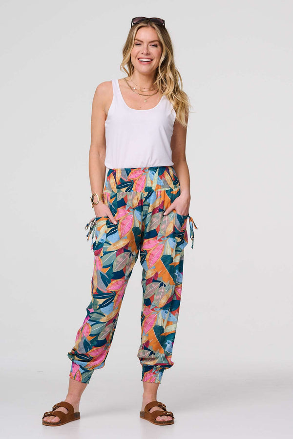 Blue | Leaf Print Tassel Pocket Harem Pants