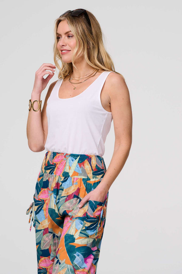 Blue | Leaf Print Tassel Pocket Harem Pants