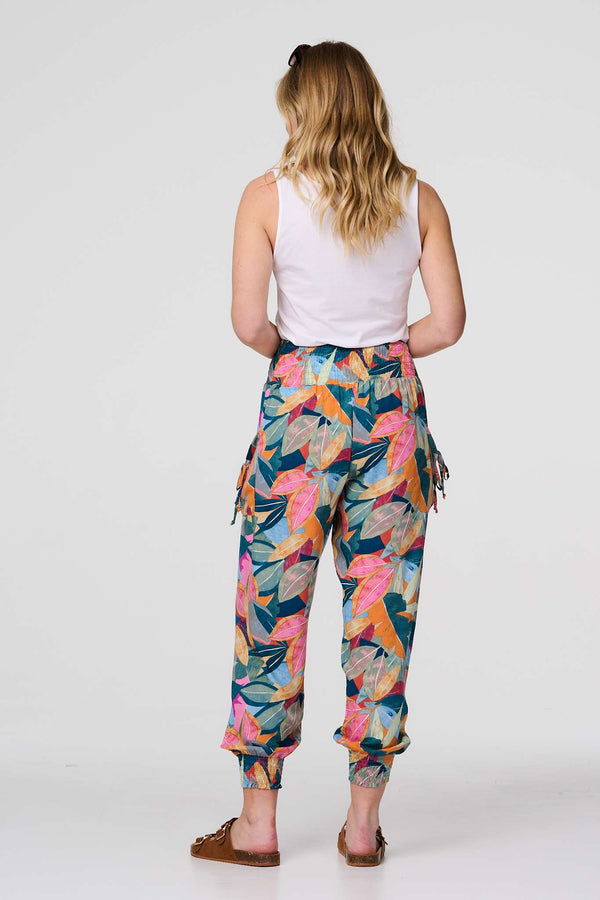 Blue | Leaf Print Tassel Pocket Harem Pants