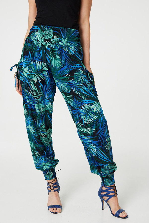 Blue | Tropical Print High Waist Harem Pants