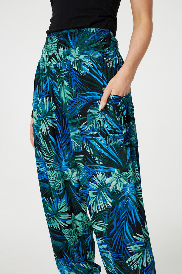 Blue | Tropical Print High Waist Harem Pants