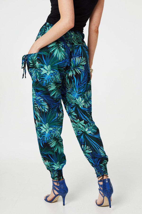 Blue | Tropical Print High Waist Harem Pants