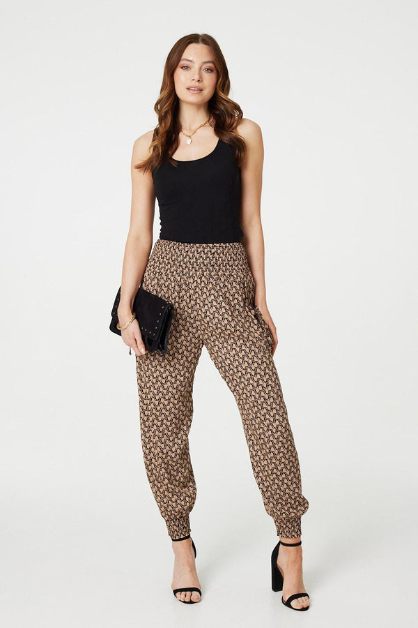 Beige | Printed High Waist Tassel Harem Pants