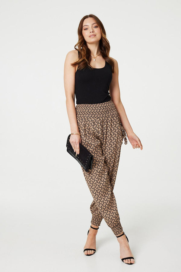 Beige | Printed High Waist Tassel Harem Pants