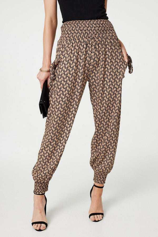 Beige | Printed High Waist Tassel Harem Pants
