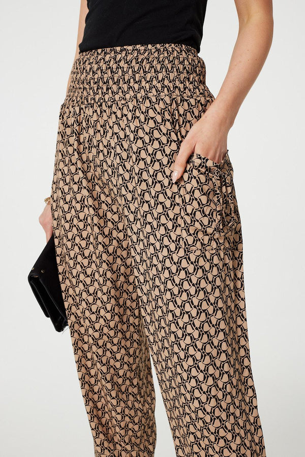 Beige | Printed High Waist Tassel Harem Pants