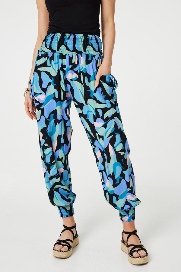 Blue | Abstract Print High Waist Harem Pants