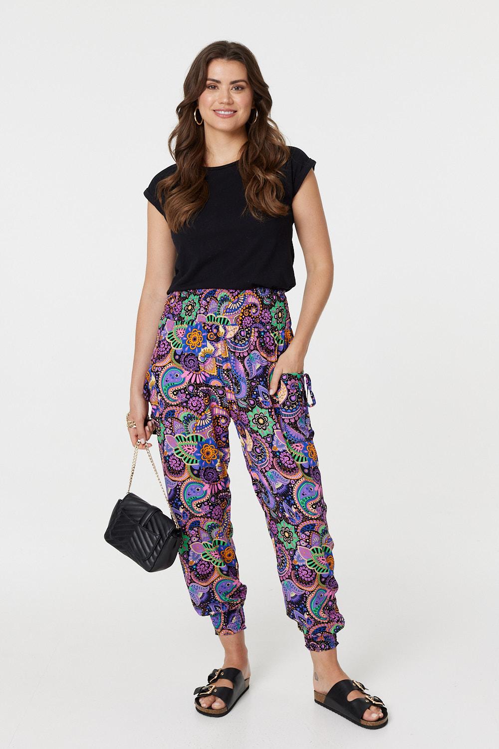 パンツ Paisley Embroidery Shirred Waist Pants Paisley Print High Waist Harem Pants | Izabel London