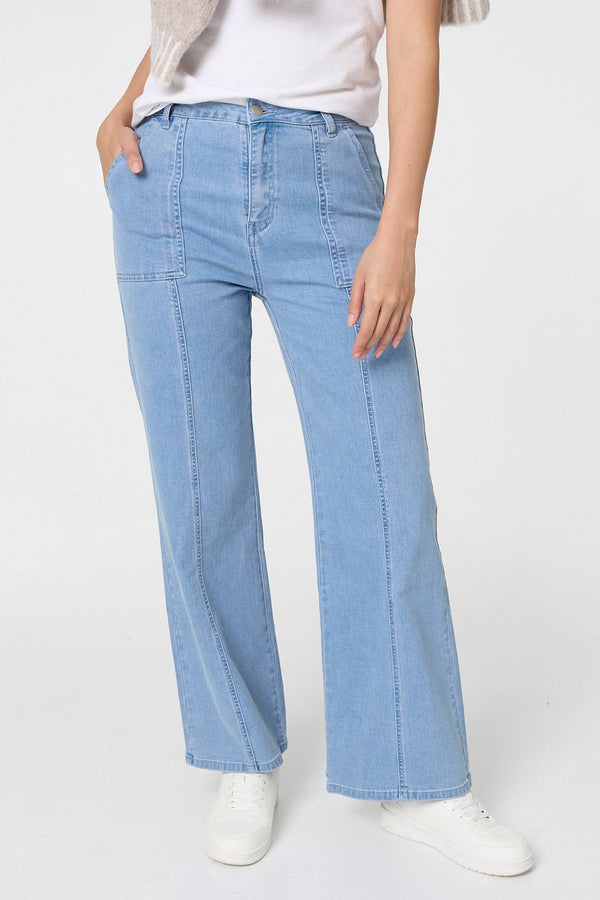 Blue | High Waist Pocket Detail Straight Jeans
