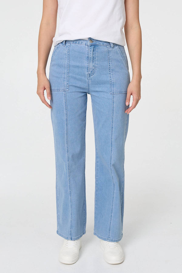 Blue | High Waist Pocket Detail Straight Jeans
