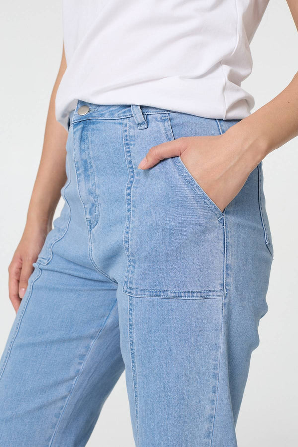 Blue | High Waist Pocket Detail Straight Jeans
