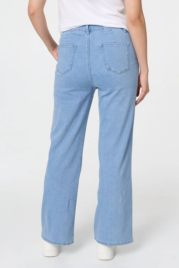 Blue | High Waist Pocket Detail Straight Jeans
