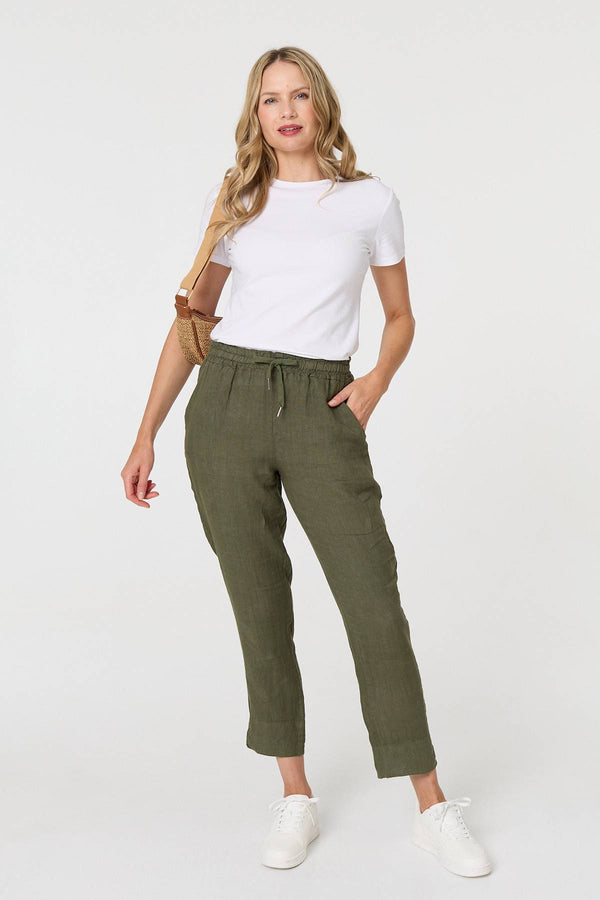 Khaki | Tie Front High Waist Slim Leg Trousers
