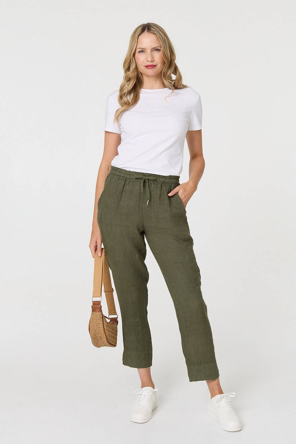 Khaki | Tie Front High Waist Slim Leg Trousers
