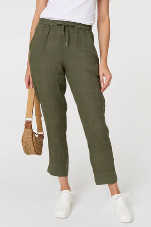 Khaki | Tie Front High Waist Slim Leg Trousers
