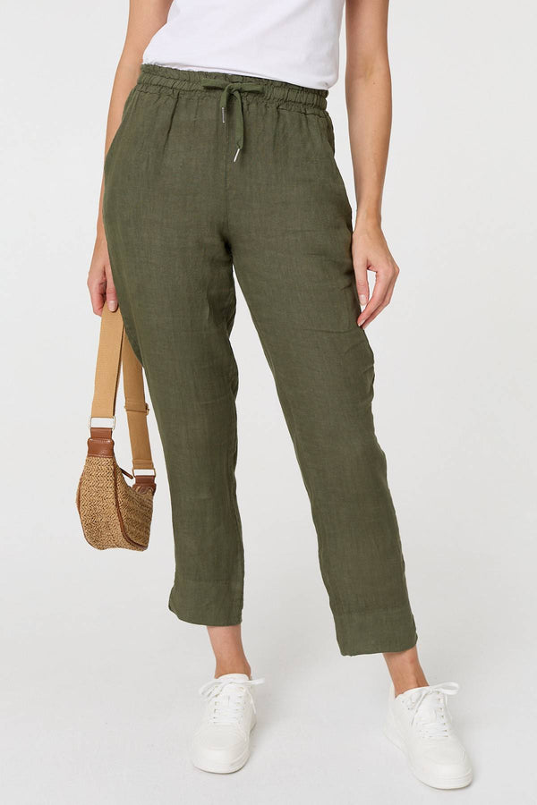 Khaki | Tie Front High Waist Slim Leg Trousers
