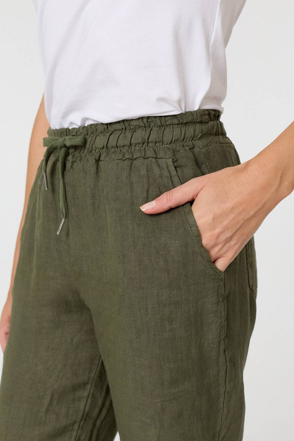 Khaki | Tie Front High Waist Slim Leg Trousers
