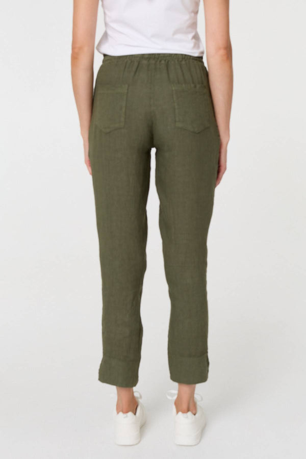 Khaki | Tie Front High Waist Slim Leg Trousers
