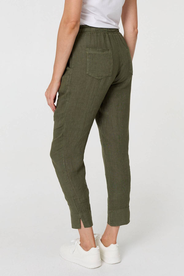 Khaki | Tie Front High Waist Slim Leg Trousers
