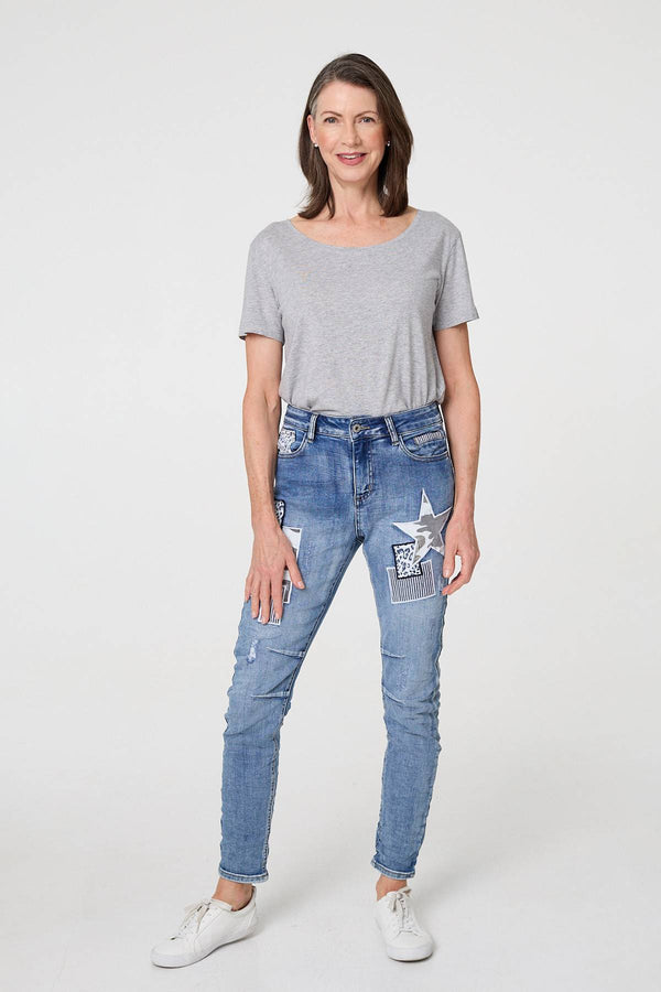 Blue | Star Patchwork Detail Skinny Jeans
