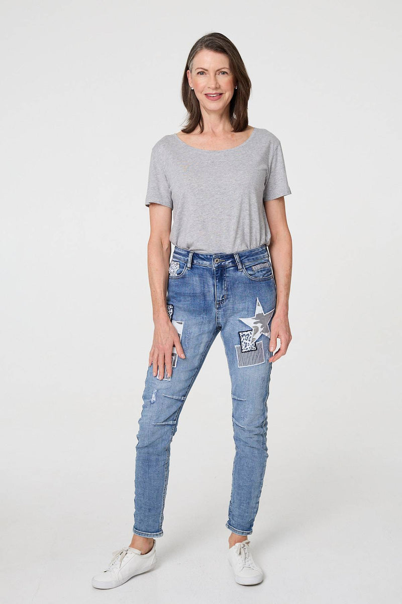 Blue | Star Patchwork Detail Skinny Jeans
