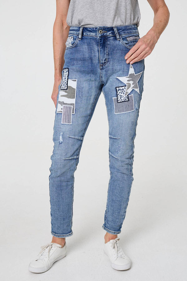 Blue | Star Patchwork Detail Skinny Jeans
