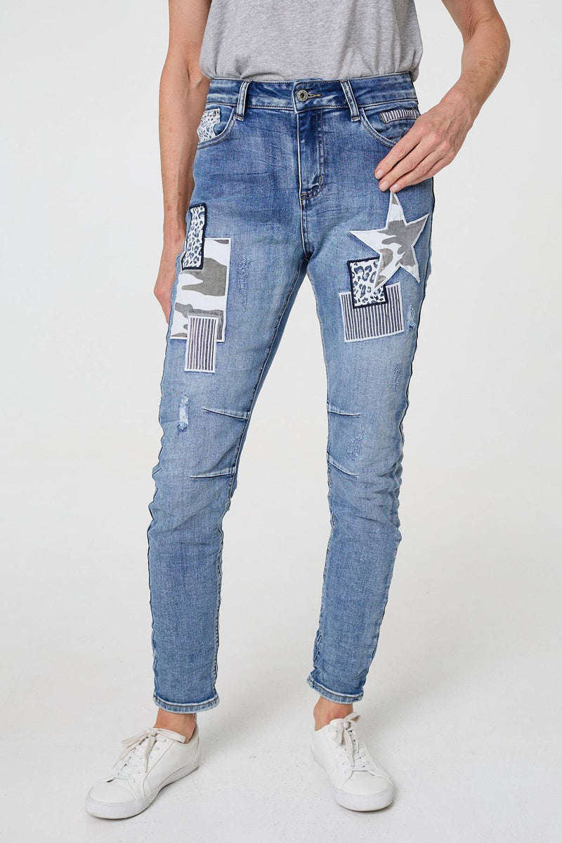 Blue | Star Patchwork Detail Skinny Jeans
