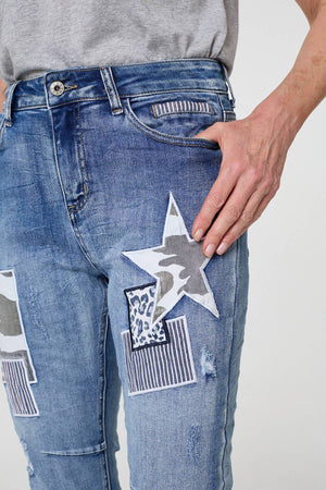 Blue | Star Patchwork Detail Skinny Jeans
