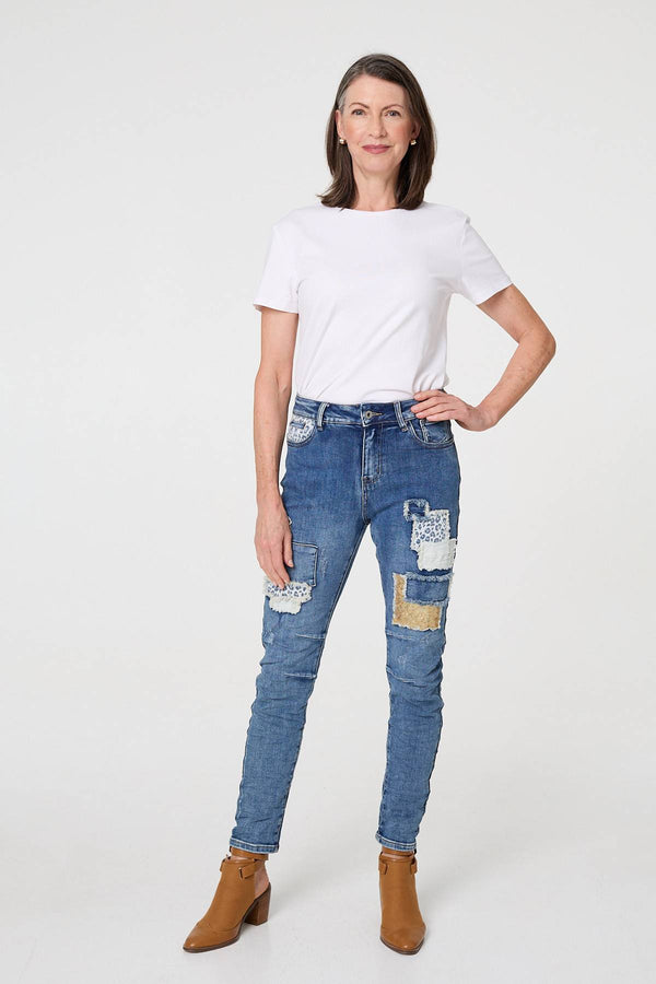 Blue | Patchwork Detail Frayed Skinny Jeans
