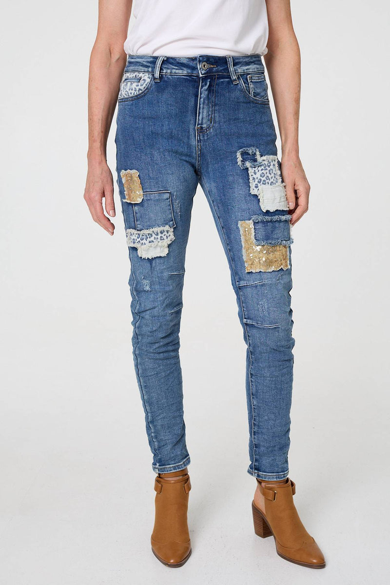 Blue | Patchwork Detail Frayed Skinny Jeans
