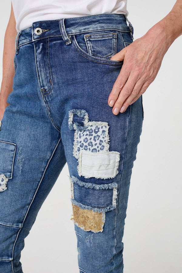 Blue | Patchwork Detail Frayed Skinny Jeans
