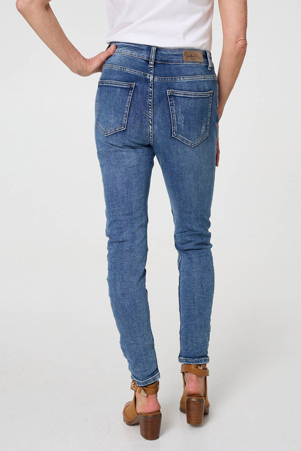 Blue | Patchwork Detail Frayed Skinny Jeans
