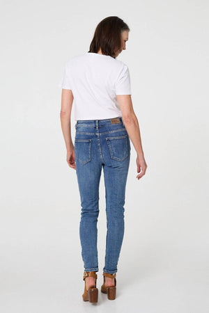 Blue | Patchwork Detail Frayed Skinny Jeans
