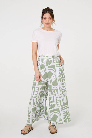 Sage | Abstract Wide Leg High Waist Trousers
