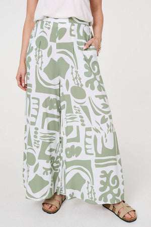 Sage | Abstract Wide Leg High Waist Trousers
