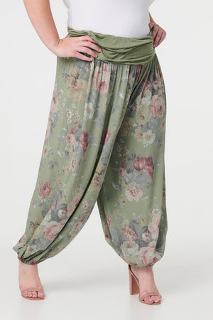 Khaki| Floral Ruched Waist Harem Trousers